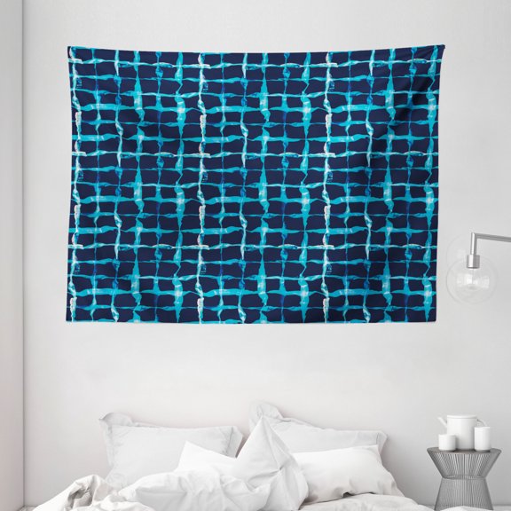 Indigo Tapestry, Watercolor Print Geometric Squares Lines Aqua Pool Inspired Design, Wall Hanging for Bedroom Living Room Dorm Decor, 80W X 60L Inches, Navy Blue White and Sky Blue, by Ambesonne