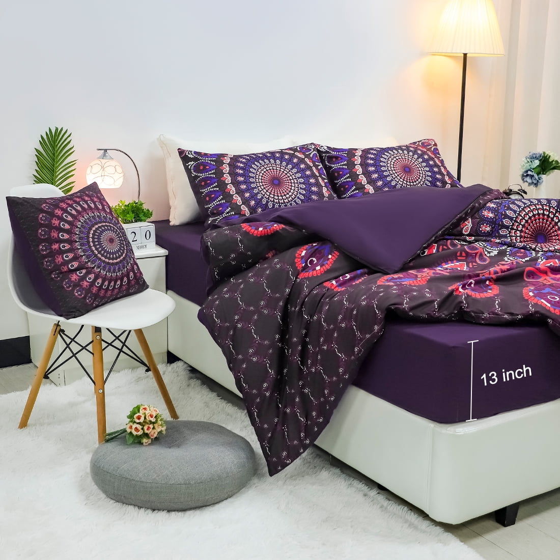 PiccoCasa 5pcs Polyester Duvet Cover Set Bohemian Bedding Set, Purple Queen