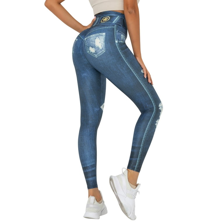 Workout Leggings Denim Print Fake Jeans Look Like Leggings Sexy Stretchy  High Waist Slim Skinny Jeggings Yoga Pants Women Blue S