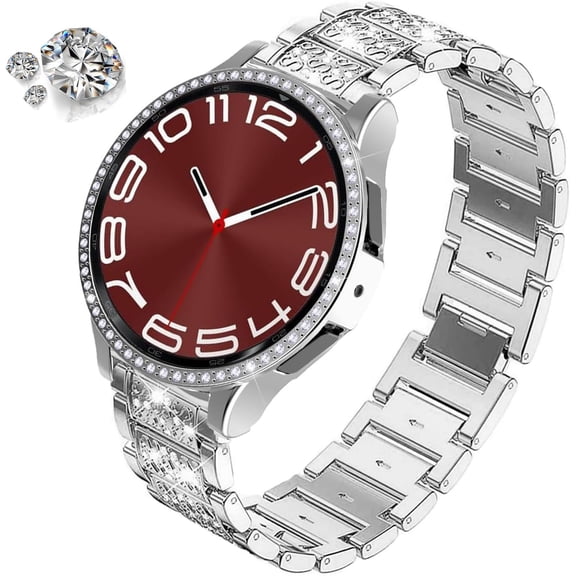 RTHG-Bands Compatible with Samsung Galaxy Watch 6 40mm 44mm / Galaxy Watch 6 Classic 43mm 47mm, 20mm Bling Diamond Rhinestones Metal Strap with Protective Case for Women Men