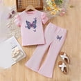 thumbnail image 2 of mgoYE Girls' Summer 2-Piece Outfit Set Butterfly-Pattern Ruffled-Sleeve Top + Flared Pants Size 3-8 Years Old(Red,3-4 Years), 2 of 4