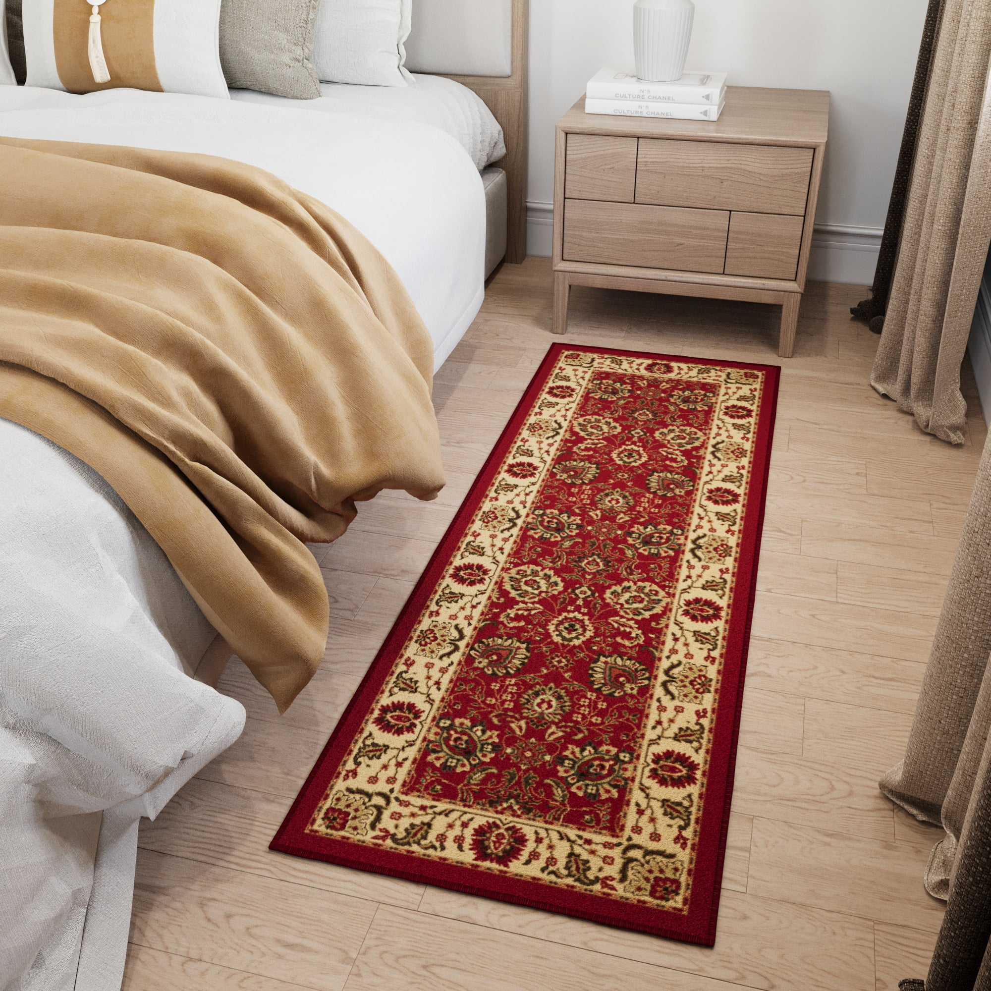 Ottomanson Floral Bathroom Runner Rug 20" x 53" - Non Slip Low Pile Carpet, Red