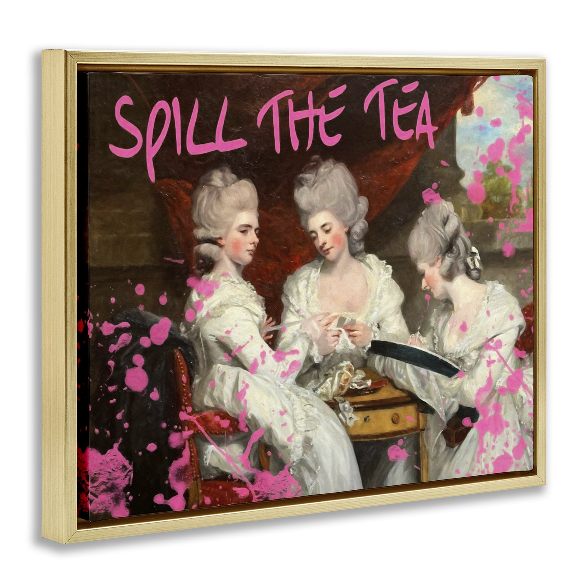 Stupell Industries Spill The Tea Iconic Ladies Gold Framed Floater Canvas Wall Art, design by Grotto Studios