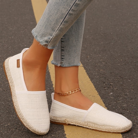 Women's Casual Slip On Shoes Comfortable Flat Loafers Breathable Fabric Upper Woven Sole Lightweight Walking Flats