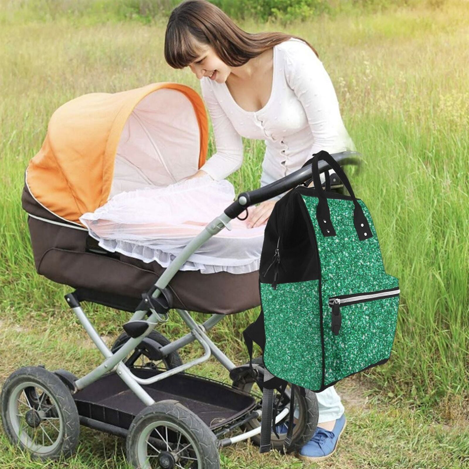 Ratiio Green Glitter Mummy Backpack - Waterproof Twill Canvas, Large Capacity Diaper Bag with Multiple Pockets and Adjustable Straps