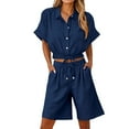thumbnail image 2 of Ndbuld Cotton Linen Shirts for Women 2025 Summer Short Sleeve V Neck Button Down Tops Dressy Casual Oversized Tshirts Blue M, 2 of 7