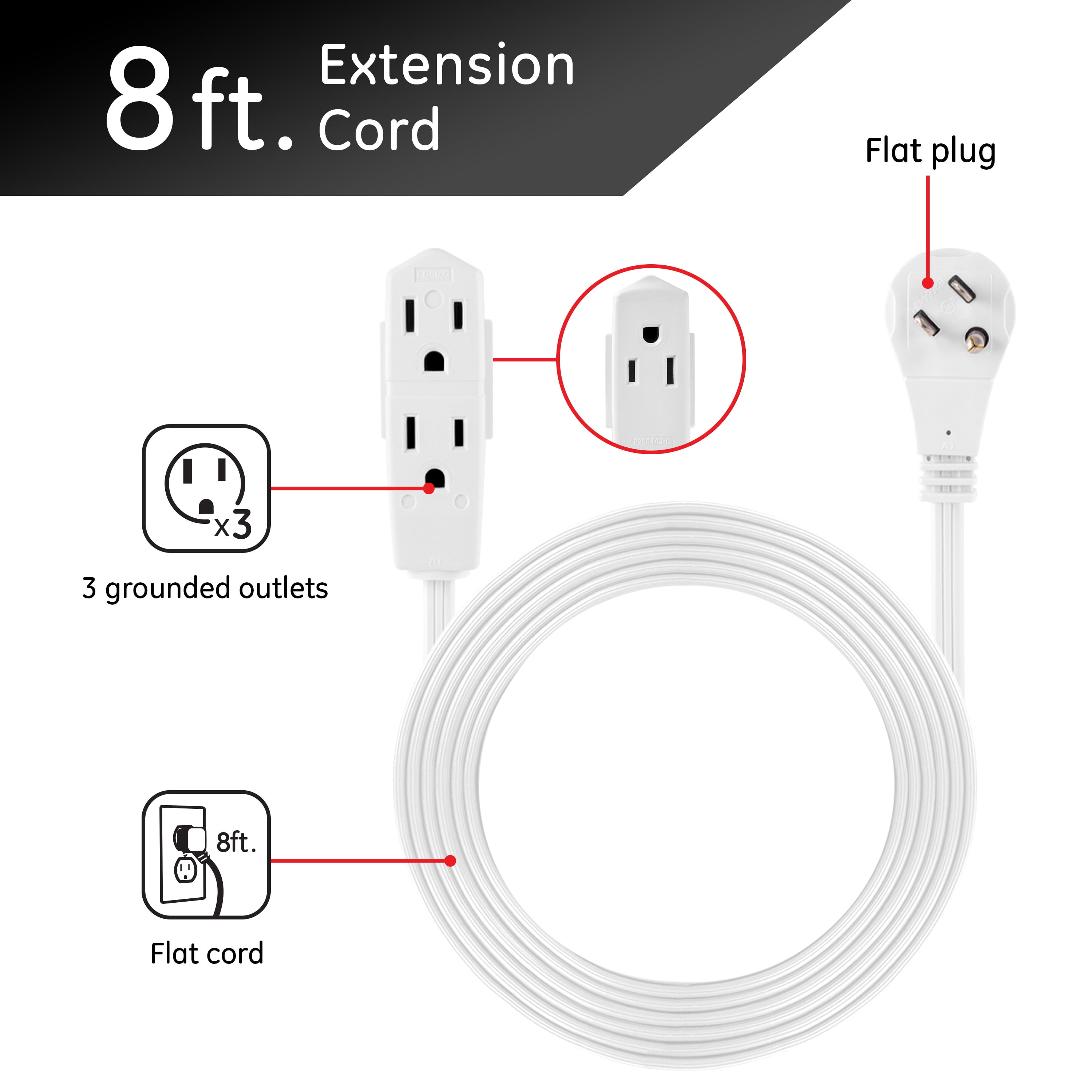 GE 3-Outlet Grounded Extension, 8 ft., Right Angle Plug, White, 2pk