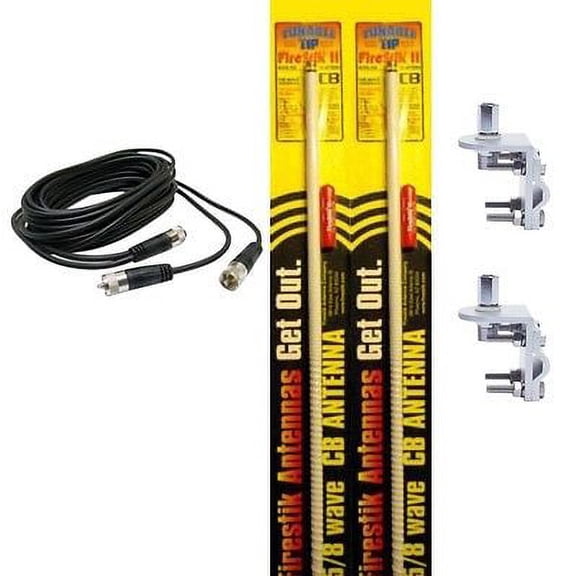 NEW 2 FIRESTIK 2 FS4 W 4FT WHITE CB ANTENNAS, 18FT DUAL COAX, MOUNTS & STUDS