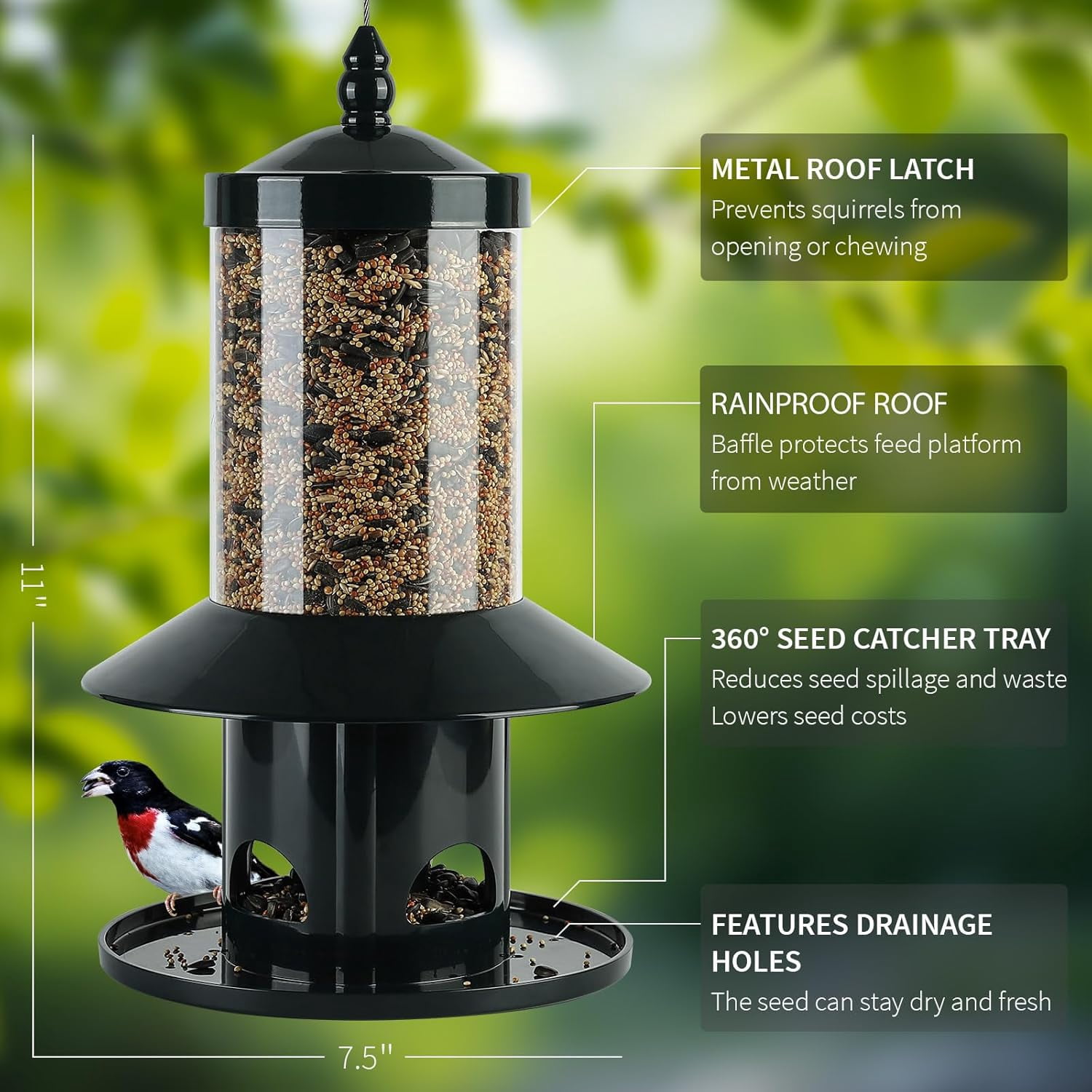 Squirrel Proof Bird Feeder for Outdoors, 360° Feeding Perch Tray with Rainproof Roof, Heavy Duty Wild Bird Seed Feeder for Hanging, Dark Green