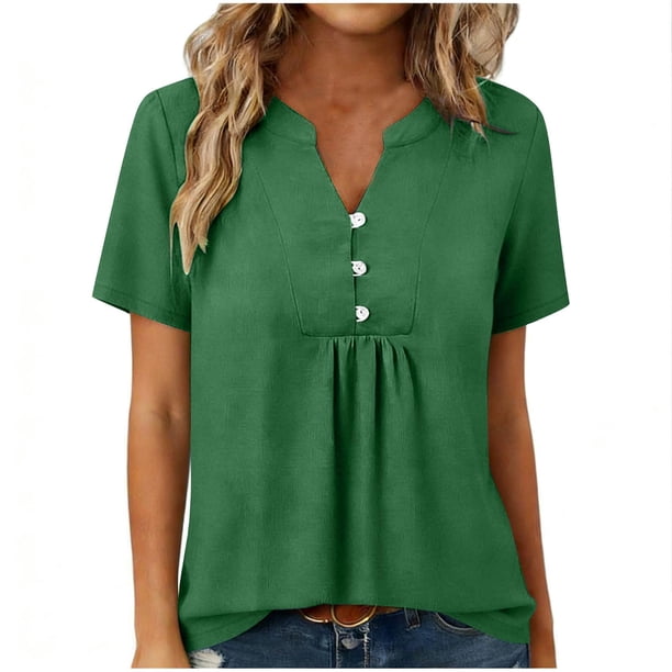 Tops de Manga Corta para las Mujeres Loose Fit V Cuello Botón Blusa Casual Ligero Verano