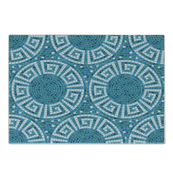 Aqua Cutting Board, Greek Meander Mosaic Pattern Classical Geometrical Ornament Architecture, Decorative Tempered Glass Cutting and Serving Board, Small Size, Blue Green White, by Ambesonne