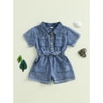 thumbnail image 3 of Loicainy Kids Toddler Girls Denim Jumpsuit 12 18 24 Months 2T 3T 4T 5T Shorts Short Sleeves Turn Down Collar Button Down Elastic Waist Jean Romper, 3 of 9