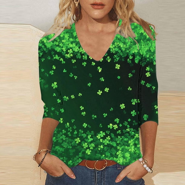 TaTaai Women's St. Patrick's Day Printed T-Shirt V-Neck 3/4 Sleeve Loose Fit Casual Top Irish Festival Design Spring Holiday Blouse Gift