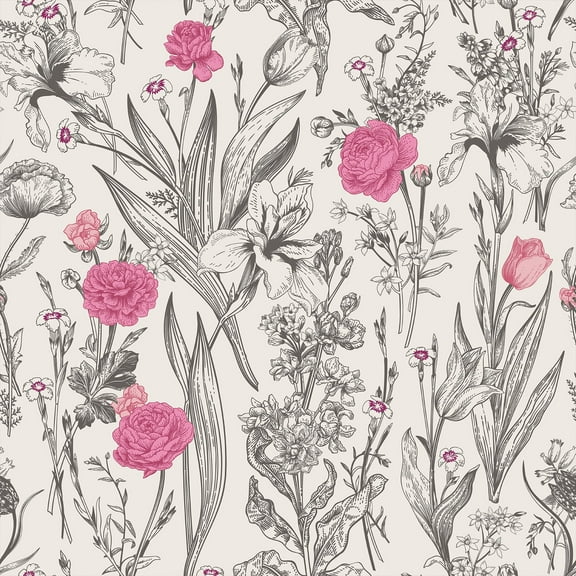 VEELIKE Grey Sketch Floral Peel and Stick Wallpaper Pink Floral Wallpaper 17.7''x118'' Vintage Botanical Wallpaper Prepasted Removable Floral Contact Paper for Bedroom Bathroom Walls Cabinets Shelves