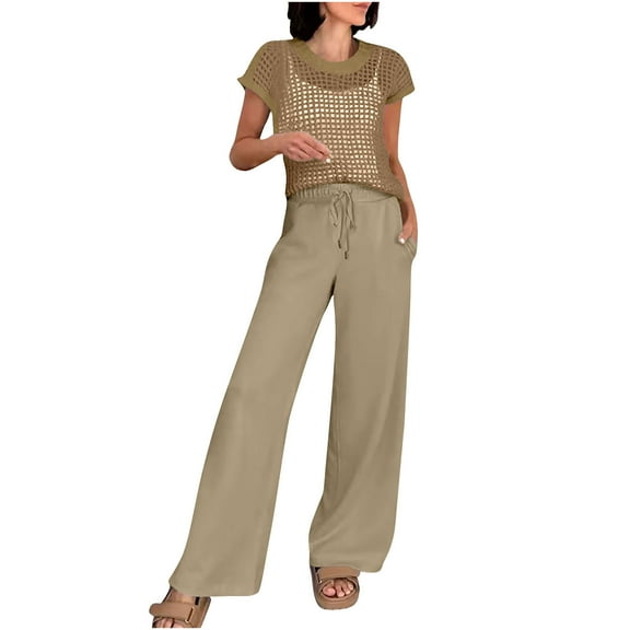 SCSAlgin Women Two Piece Outfits Crochet Sheer Knit Sweater Top Wide Leg Pants Lounge Matching Sets Sweatsuit Travel Clothes