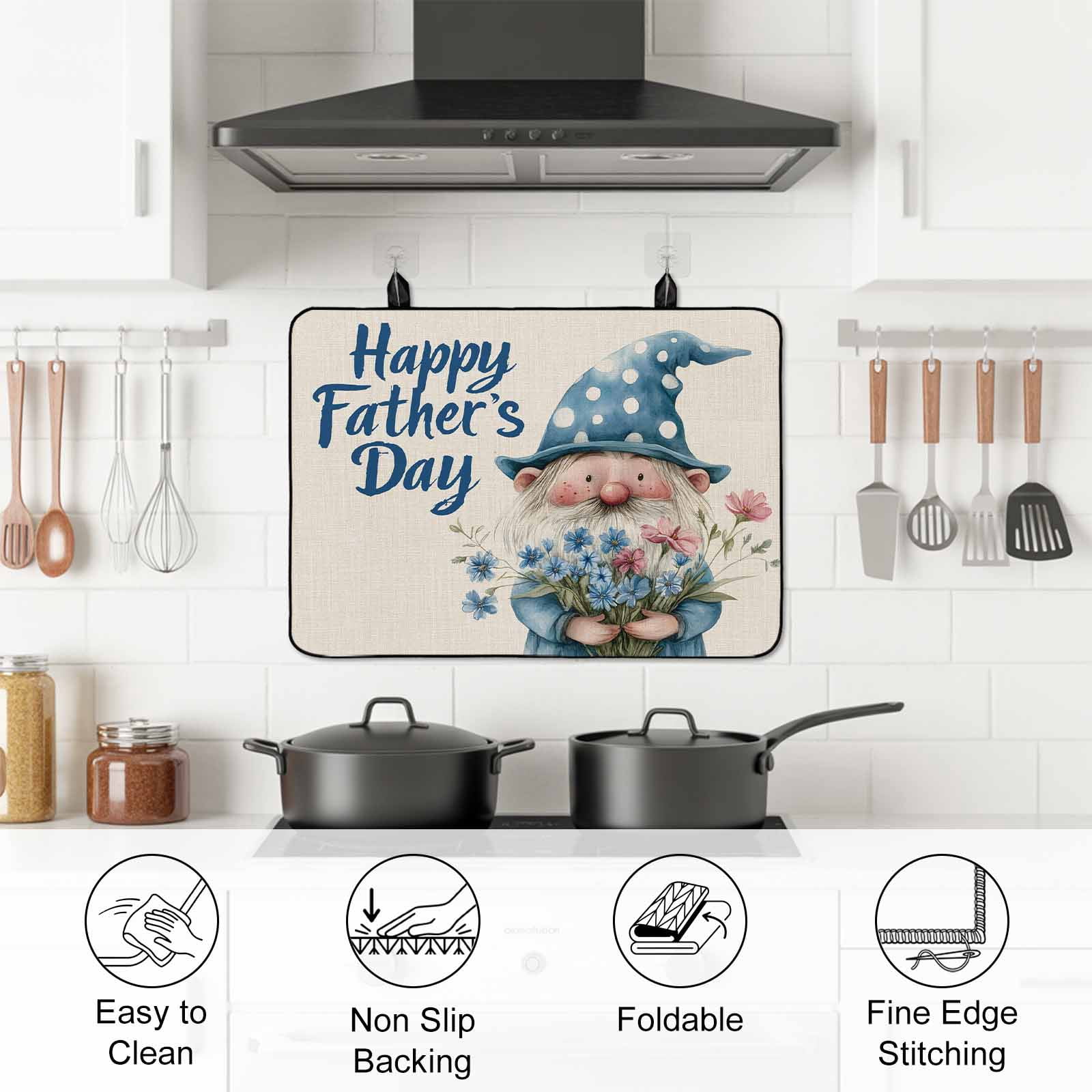 Happy Father's Day Stove Top Cover for Electric Stove, Heat-proof & Non Slip Glass Top Stove Cover Protector, Blue Gnomes Floral Linen Kitchen Flat Cooktop Rubber Mat 24x21 Inches