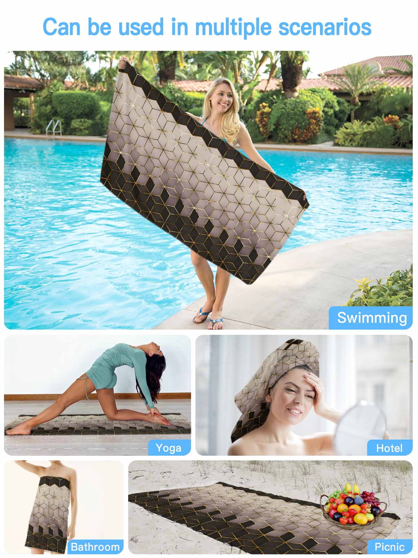 Abstract Watercolor Beach Towels Blanket Soft & Absorbent Quick Dry Microfiber Geometric Cube Pattern Pool Towels for Swimming ,Yoga, Sports, Gym, Camping,Large 30X60in, Brown