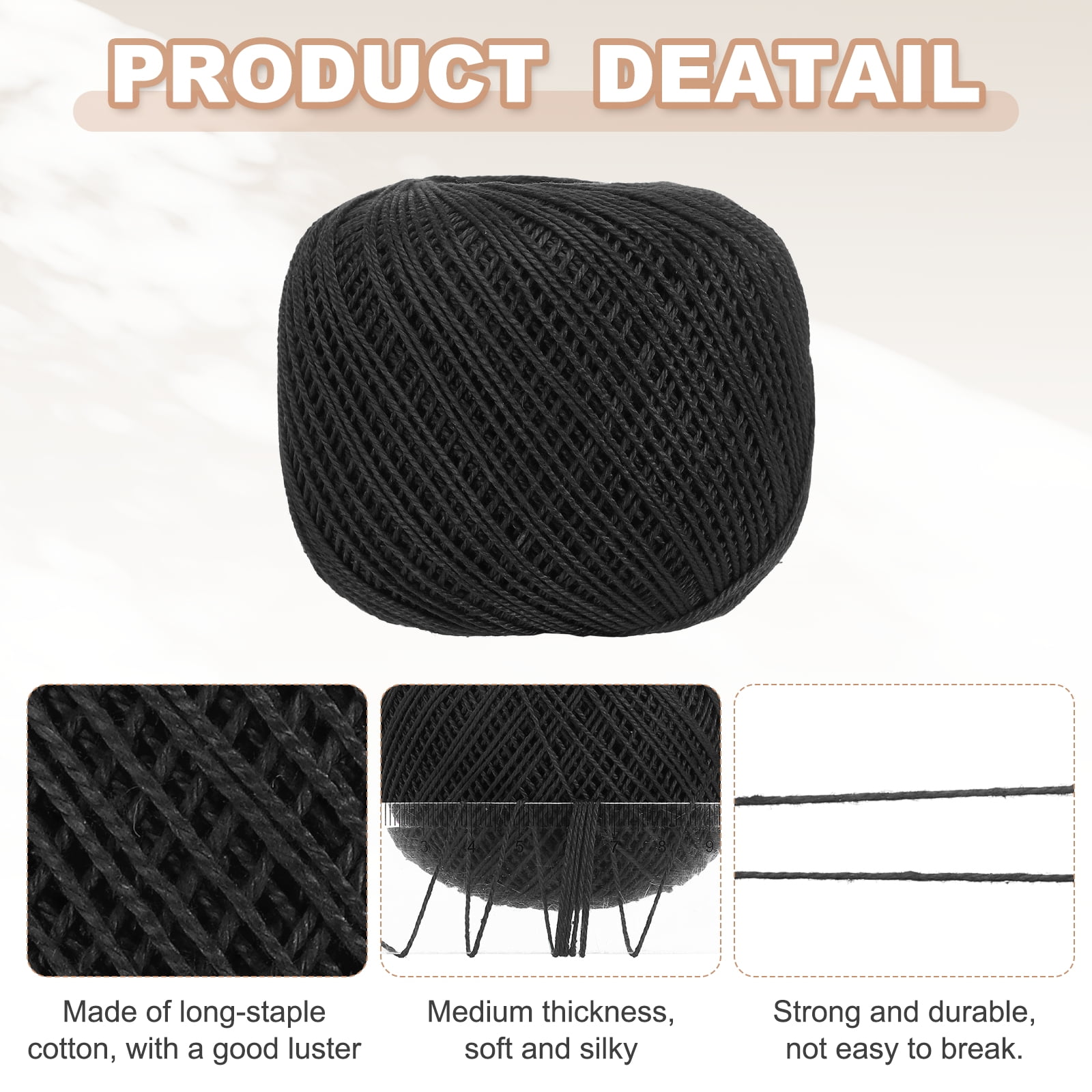 3 Rolls 164 Yards Size 3 Black Pearl Cotton Crochet Thread Lace Weight Yarn Tatting Thread for Crocheting Knitting Embroidery Sewing