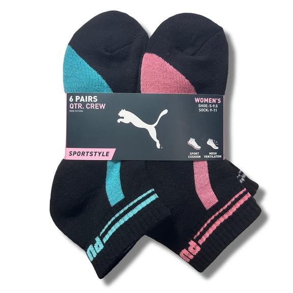 PUMA SOCKS WOMEN'S - QUARTER 243 - PIPE BLACK TEAL - SHOE SZ 5-9.5 - PACK 6
