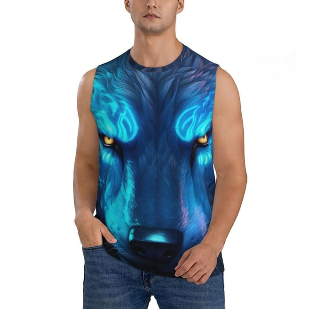Fotbe Futuristic Blue Light Wolf Men's Camiseta sin Mangas Estampada para Hombres, Playera Casual para Gimnasio, Entrenamiento, Playa-Small