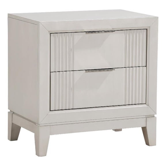 Flo Nightstand- 2 Drawers- Antique White Wood- Chrome Edge Handles