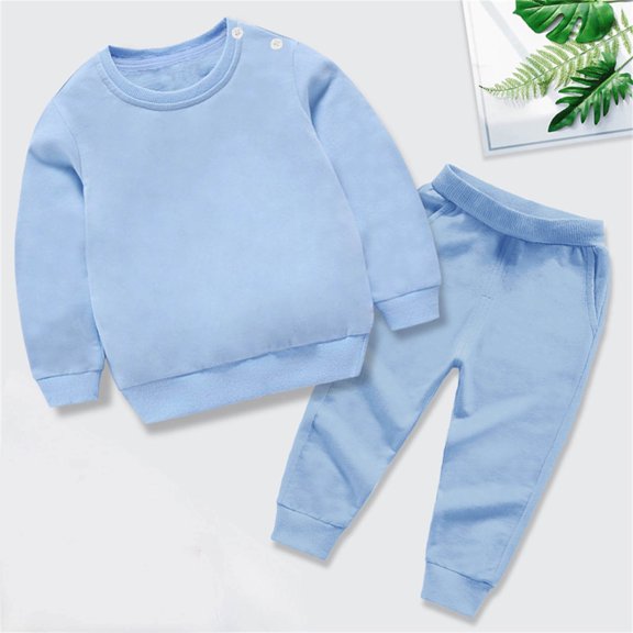 Amidoa Boys Summer Outfits 2 Piece T Shirt Long Sleeve Cute Solid Color Top and Casual Pants Kids Clothing Sets Light Blue Size 7-8 Years