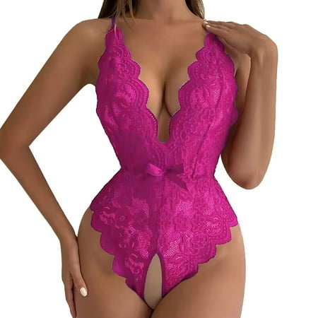 hoadeuw Crotchless Bodysuits for Women Plus Size V Neck Spring Summer Lace Solid Color Bow Underneath Opening Sexy Slimming Lingerie Teddies Leotard