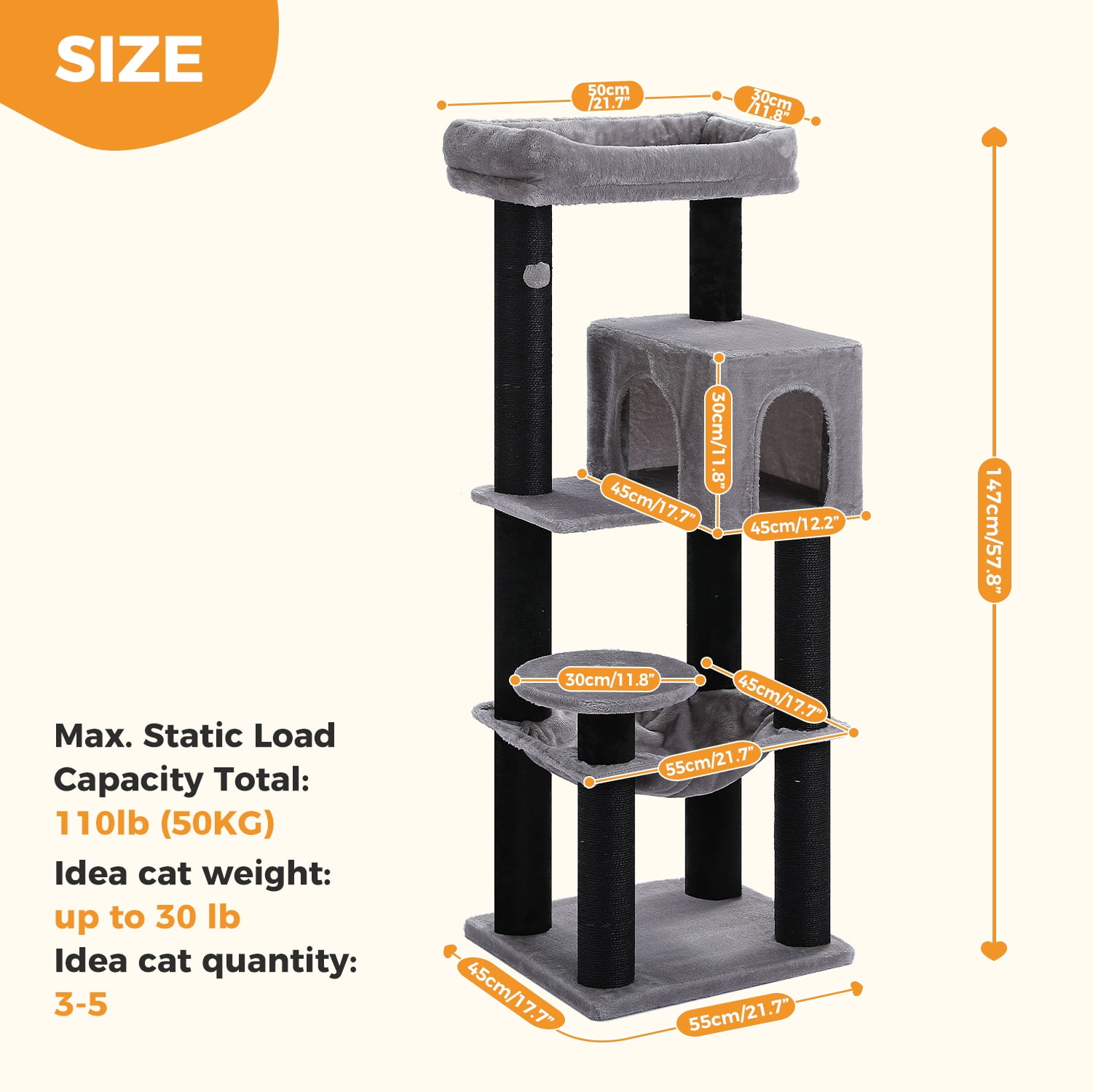 Pefilos 57" Cat Tree Tower for Indoor Cats, 5-Level Cat Condo with Large Hammock, Big Top Perch and 4 Sisal Covered Scratching Pos, Black