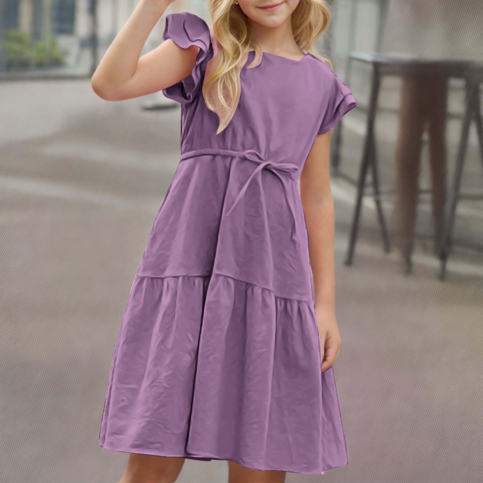 zbxnLI Girls Dress Linen Ruffle Sleeve A-Line Beach Sundress Solid