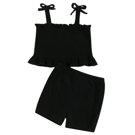 

Sunisery Newborn Baby Girls Summer Outfits Set Solid Ruffled Suspender Elastic Tank Tops Shorts Clothes Black 6-9 Months