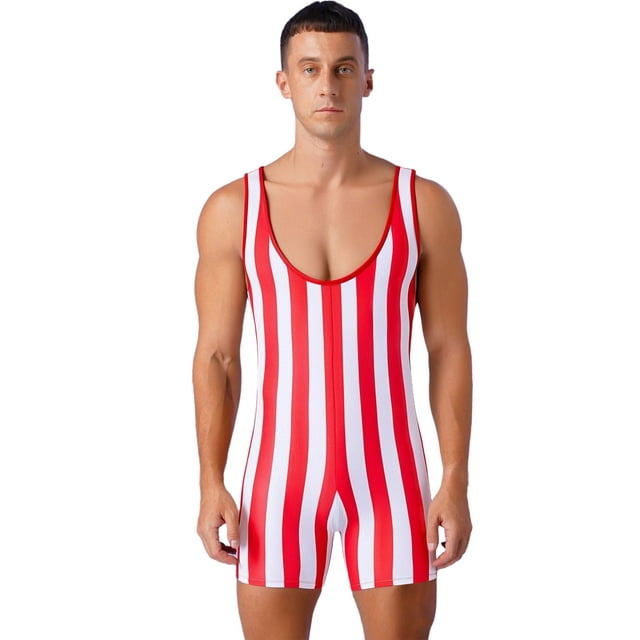 Raenseen Men's Striped Wrestling Singlet Athletic Boxer Shorts Swimsuit Bodysuit One Piece Rompers Red&White XXL