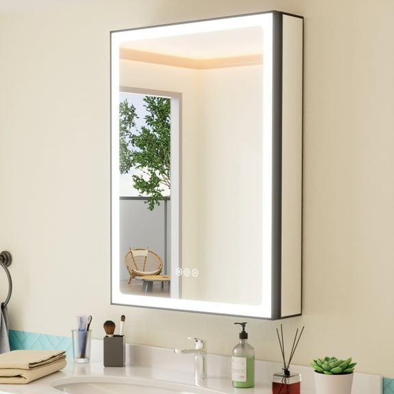 Grand Medicine Cabinet with Mirror and Lights, Recessed/Mount Bathroom Medicine Cabinets, Defogger Mirror, Adjustable Shelves, Dimmable, Black