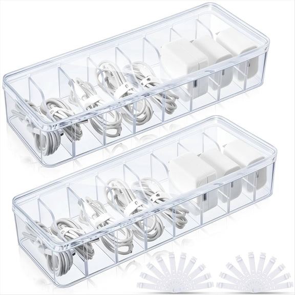 2Pcs Cable Storage Box with Wire Ties, Clear Cord Storage Box Without Lid, Organizer for Home Office Desk Organizers