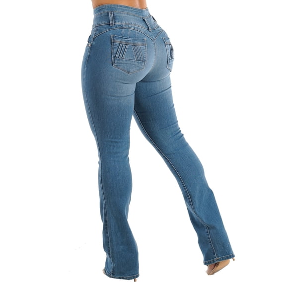 Moda Xpress Women’s Junior Casual Butt Lifting Mid Rise Med Wash Bootcut Jeans 10892F