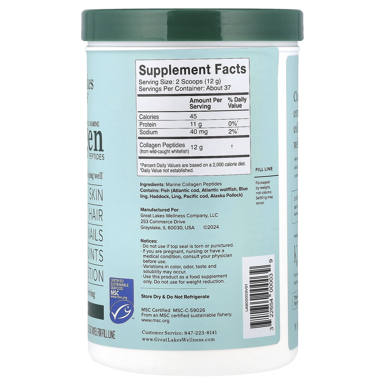Great Lakes Wellness Sustainable Marine Collagen Peptides, Unflavored, 16 oz (454 g)