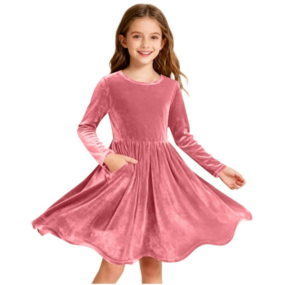 Eltusu Girls Velvet Dress, Soft Crewneck Casual Long Sleeve Party Dress Pink Size 5-15 T