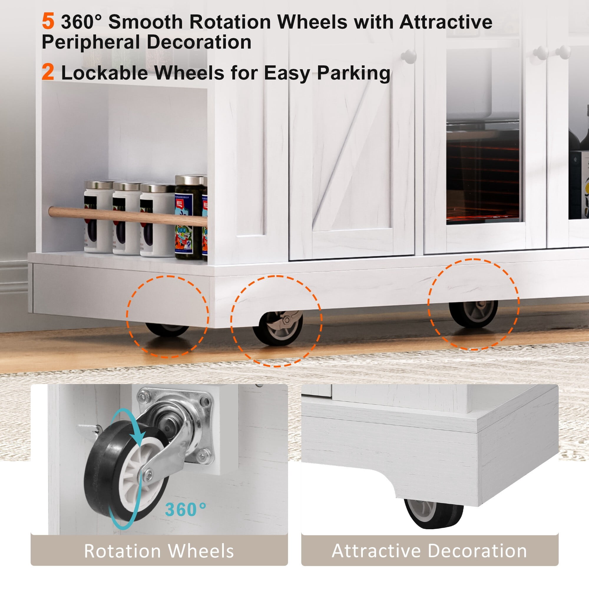 DEALTOPS 53" Rolling Farmhouse Kitchen Island Cart with Drop Leaf, Charging Station & Glass Doors, White