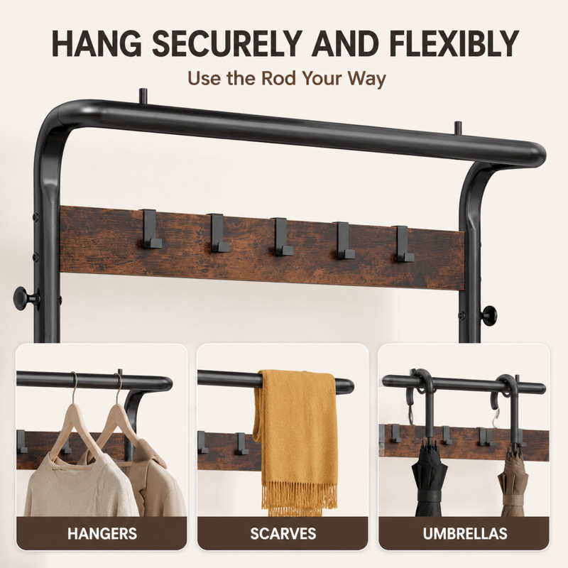 BEAUTYPEAK 5-in-1 Hall Tree 72"x28" Entryway Coat Rack with Shoe Bench Hanging Rod 10 Movable Hooks and 2-Tier Shoe Storage, Rust