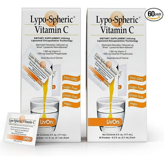 LivOn Laboratories Lypo–Spheric Liposomal Vitamin C Supplement 1000mg for Immune Support, 60 Packets