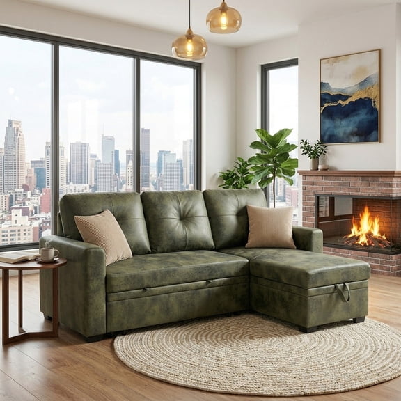 Convertible L-Shaped Sofa Bed, Breathable Fabric, Storage Sectional with Reversible Chaise, Green2