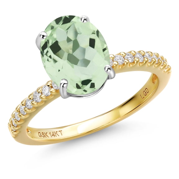 Gem Stone King 14K Two Tone Gold Green Prasiolite and Lab Grown Diamond Engagement Ring for Women | 2.56 Cttw | Oval 10X8MM | Gemstone Birthstone | Size 6