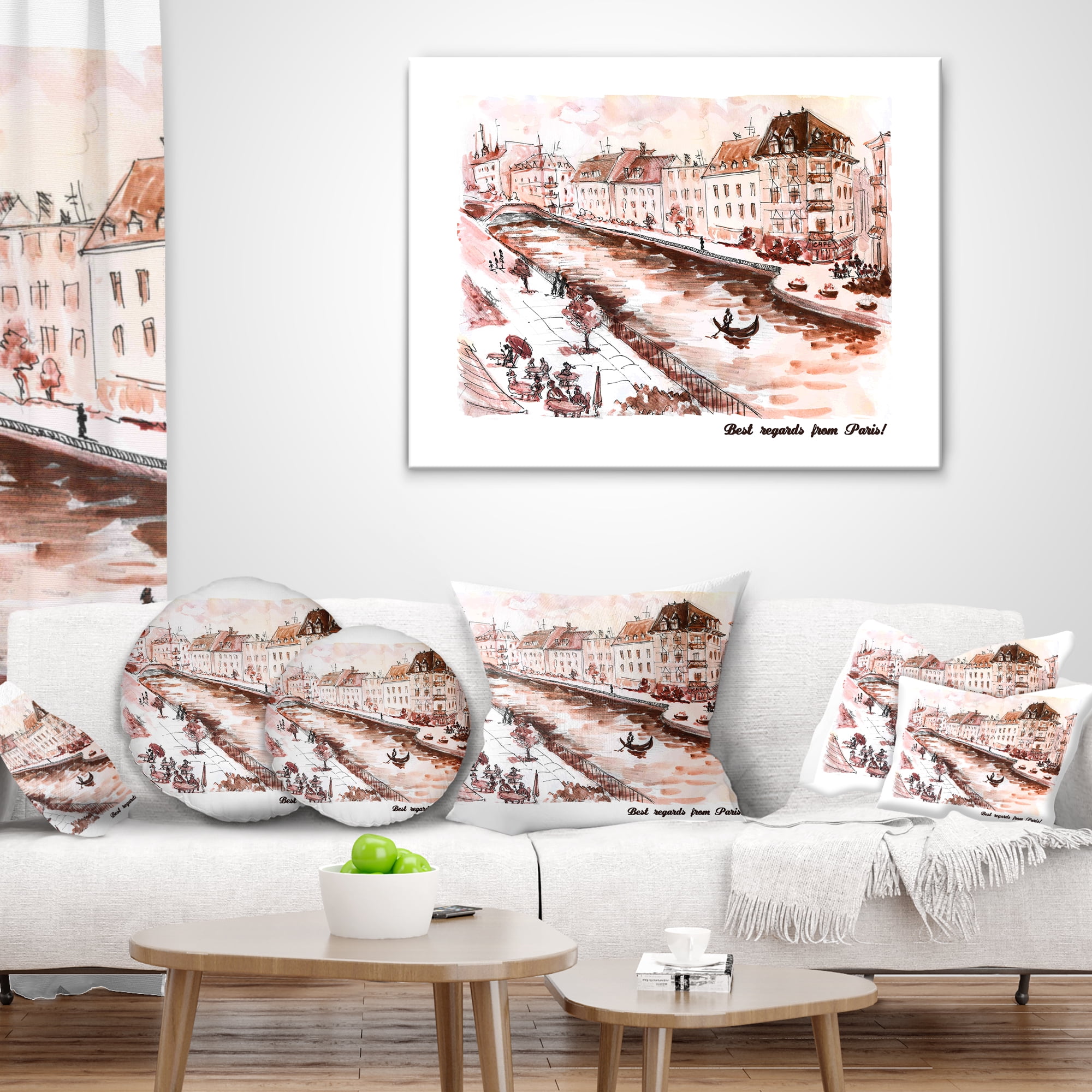 Designart Sepia Hand Drawn Sketch of Paris - Cityscape Throw Pillow - 16x16