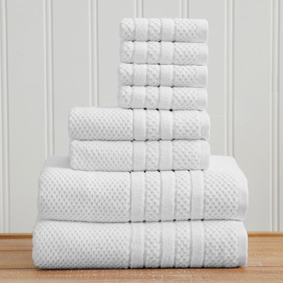Great Bay Home Quick Dry Cotton Checkered Textured 8 Piece Towel Set, White