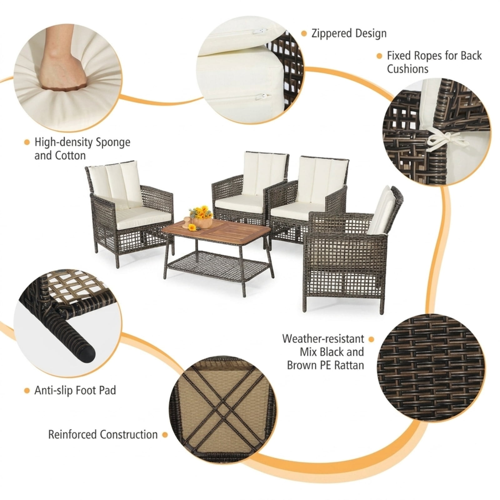 Furnibear 5 Piece Patio Rattan Furniture Set Outdoor Wicker Sectional Sofa Set with Cushions Armrest and Acacia Wood Tabletop, Off White