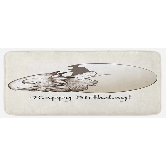 Dinosaur Kitchen Mat, Happy Birthday Theme Dinosaur Sleeping Cracked Egg Fantasy Fun, Plush Decorative Kitchen Mat with Non Slip Backing, 47" X 19", Eggshell Tan, by Ambesonne