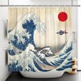 thumbnail image 4 of Pbobriich Japanese Style Shower Curtain for Bathroom,Vintage Red Sun Waves Bath Curtain with Hooks,47"x71", 4 of 7