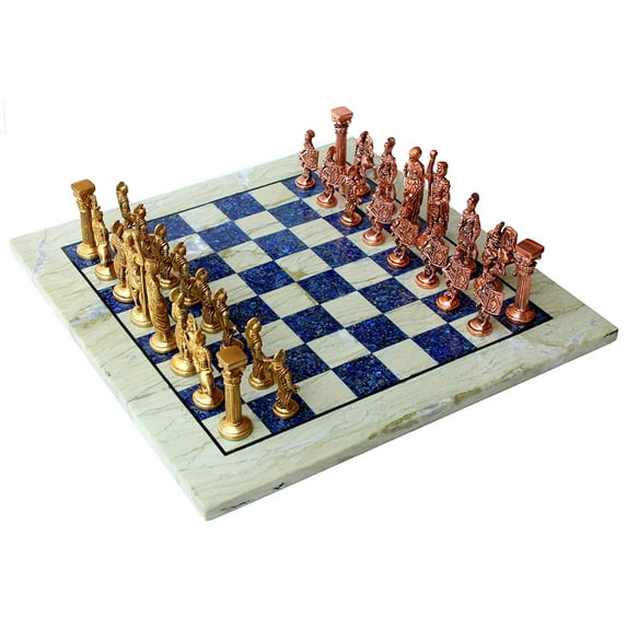 StonKraft 15" x 15" Collectible Chess Game Board Set made with Australian Marble, Lapis Lazuli + Roman Brass Chess Pieces