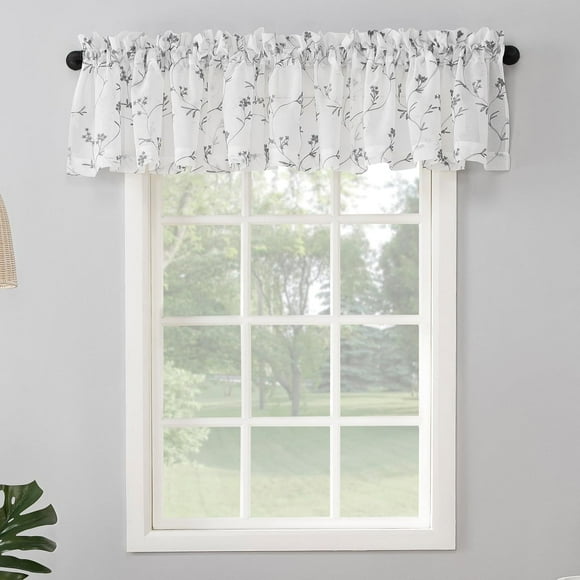 No. 918 Cantonnière de Rideau à Poche pour Tringle Brodée Florale Transparente, 50 Pouces x 17 Pouces, Blanc