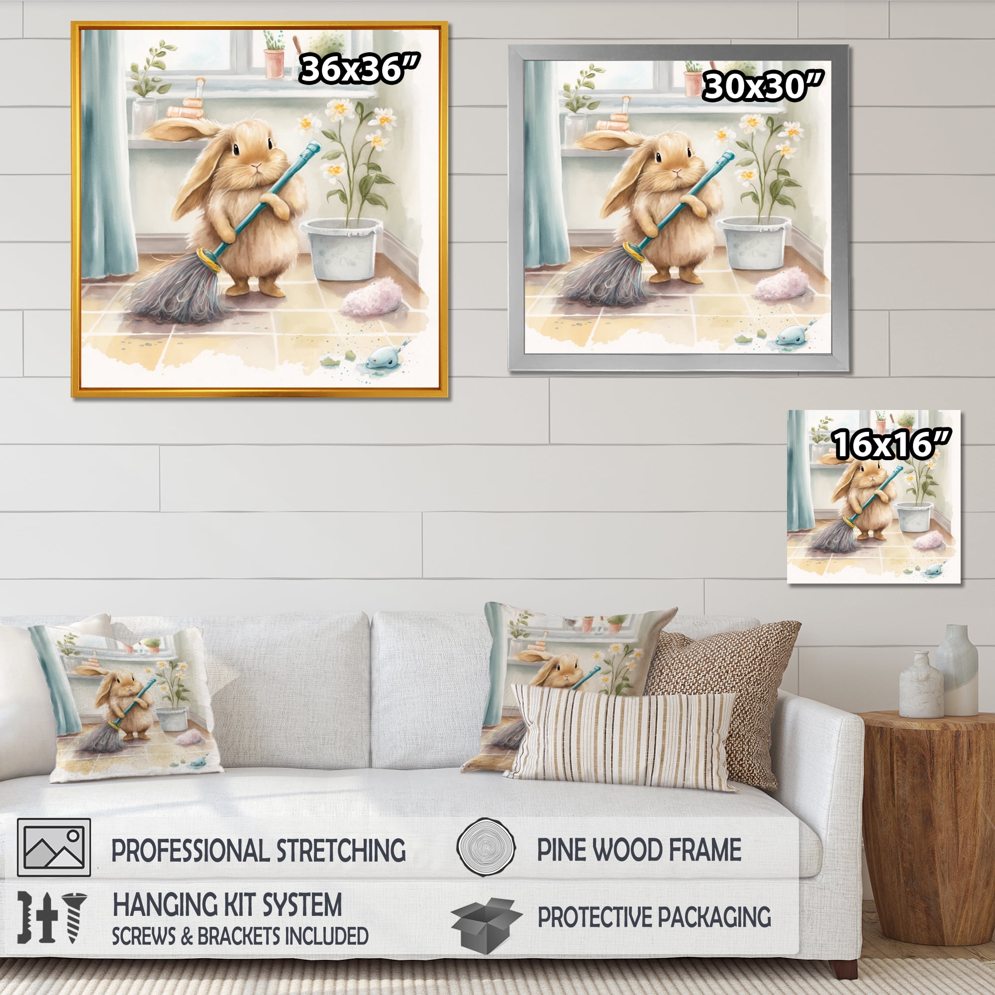 Designart Bunny Cleaning Bathroom IV Canvas Wall Art
