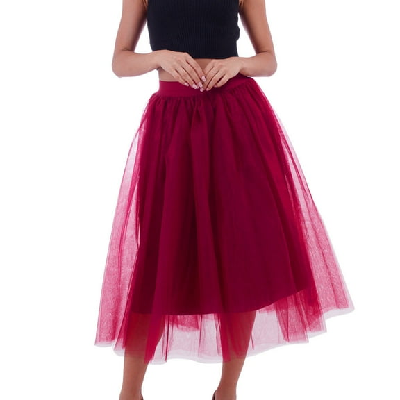 Kcocoo Women Plus Size Mesh Tulle Skirt Pleated Princess Skirt Mesh Bubble Skirt Polyester Red